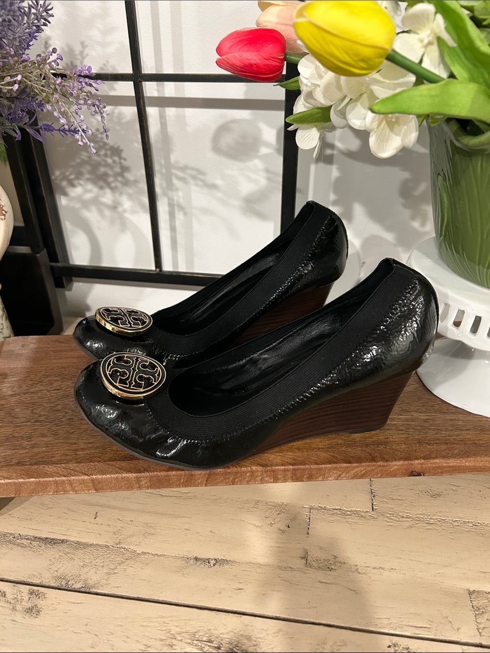 Tory Burch Black Patent Wedge Flats with Gold Logo Medallion